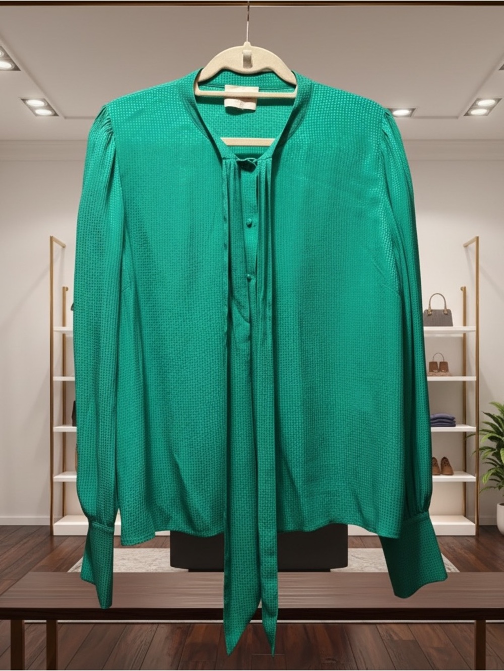Sezane Paris 100% silk Green Tie-Neck textured Blouse sz8 - Picture 2 of 6